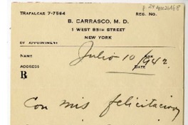[Carta] 1942 julio 10, Nueva York [a] Magdalena Petit  [manuscrito] B. Carrasco.