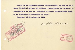 [Recibo] 1939 octubre 17, Santiago, Chile [a] Biblioteca Nacional de Chile  [manuscrito] Yolando Pino Saavedra.