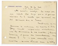 [Tarjeta] 1917 noviembre 26, Santiago, Chile [a] Pedro Prado  [manuscrito] Fernando Santivan.