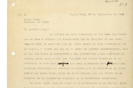 [Carta] 1922 septiembre 22, New York [a] Pedro Prado  [manuscrito] Benito Rebolledo.