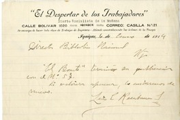 [Carta] 1914 enero 6, Iquique, Chile [a] Biblioteca Nacional de Chile  [manuscrito] Luis Emilio Recabarren.