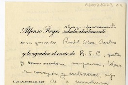 [Tarjeta] 1935 agosto 27, Río de Janeiro, Brasil [a] Raúl Silva Castro  [manuscrito] Alfonso Reyes.