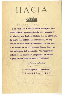 [Carta] 1961 noviembre 18, Antofagasta, Chile [a] Pedro Olmos  [manuscrito] Andrés Sabella.