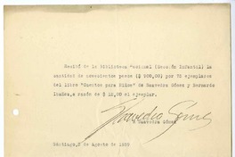 [Recibo] 1939 agosto 3, Santiago, Chile [a] Biblioteca Nacional de Chile  [manuscrito] Róbinson Saavedra G.