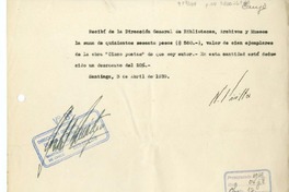 [Recibo] 1939 abril 3, Santiago, Chile [a] Biblioteca Nacional de Chile  [manuscrito] Norberto Pinilla.