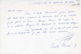 [Carta] 1990 septiembre 22, Santiago, Chile [a] Oreste Plath  [manuscrito] Ernesto Livacic Gazzano.