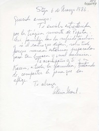 [Carta] 1986 marzo 6, Santiago, Chile [a] Oreste Plath  [manuscrito] Alicia Morel.