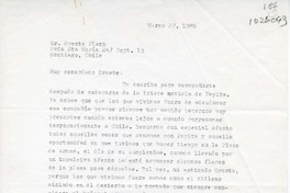 [Carta] 1986 marzo 27, Santiago, Chile [a] Oreste Plath  [manuscrito] Hernán Galilea.