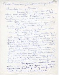 [Carta] 1986 marzo 26, San José, Costa Rica [a] Oreste Plath, Santiago, Chile  [manuscrito] Olga Arratia.
