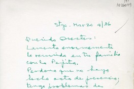[Carta] 1986 marzo 4, Santiago, Chile [a] Oreste Plath, Santiago, Chile  [manuscrito] Carmen Chapero.