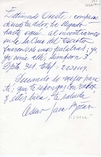[Carta] [1986], Santiago, Chile [a] Oreste Plath  [manuscrito] Oscar Jara Azócar.