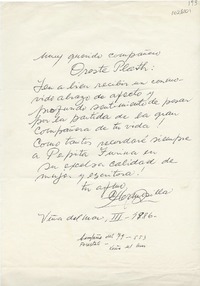 [Carta] 1986 marzo, Viña del Mar, Chile [a] Oreste Plath  [manuscrito] Carlos Hermosilla Álvarez.