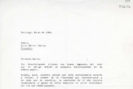 [Carta] 1986 marzo, Santiago, Chile [a] Karen Müller Turina  [manuscrito] Junta de Vigilancia del Edificio Bellas Artes.