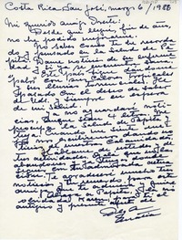 [Carta] 1986 marzo 6, San José, Costa Rica [a] Oreste Plath  [manuscrito] Olga Arratia.