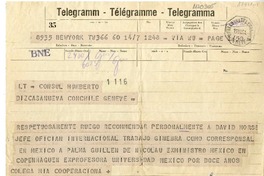 [Telegrama] 1954 julio 14, New York, [Estados Unidos] [a] Humberto Díaz Casanueva, Génova, Italia  [manuscrito] Gabriela Mistral.