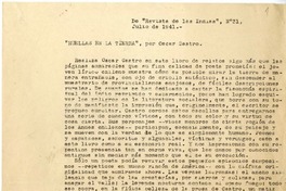 Huellas en la tierra por Oscar Castro :  [manuscrito] [reseña crítica de] Germán Arciniegas.