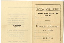 Homenaje de Rancagua a su poeta y escritor Oscar Castro Zuñiga : Teatro San Martín, Domingo 17 de junio de 1945, 10:45 horas.