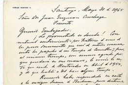 [Carta] 1965 mayo 31, Santiago, Chile [a] Juan Guzmán Cruchaga  [manuscrito] Tobías Barros Ortíz.