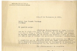 [Carta] 1951 noviembre 29, Lima, Perú [a] Juan Guzmán Cruchaga  [manuscrito] Humberto Díaz-Casanueva.