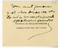 [Tarjeta] [1950] Ecuador [a] Juan Guzmán Cruchaga  [manuscrito] Gonzalo Zaldumbide.