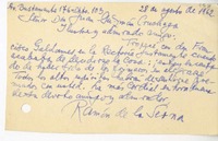[Tarjeta] 1962 agosto 28, Santiago, Chile [a] Juan Guzmán Cruchaga  [manuscrito] Ramón Gómez de la Serna.