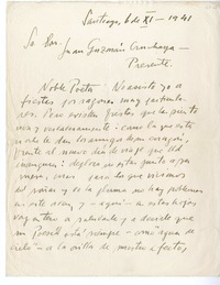 [Carta] 1941 noviembre 6, Santiago, Chile [a] Juan Guzmán Cruchaga  [manuscrito] Andrés Sabella.