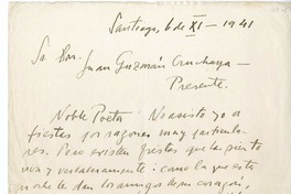 [Carta] 1941 noviembre 6, Santiago, Chile [a] Juan Guzmán Cruchaga  [manuscrito] Andrés Sabella.