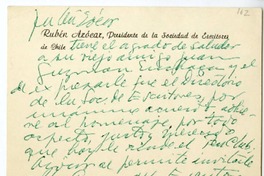 [Tarjeta] [1950] mayo 24, Santiago, Chile [a] Juan Guzmán Cruchaga  [manuscrito] Rubén Azócar.