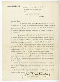 [Carta] 1948 julio 26, Bogotá, Colombia [a] Juan Guzmán Cruchaga  [manuscrito] Julio Barrenechea.