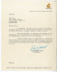 [Carta] 1974 diciembre 19, Santiago, Chile [a] Juan Guzmán Cruchaga  [manuscrito] Diego Barros Ortíz.