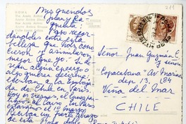 [Tarjeta] 1966 febrero 4, Roma, Italia [a] Juan Guzmán Cruchaga  [manuscrito] Rosa Cruchaga.