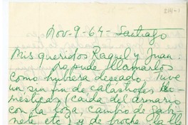 [Carta] 1964 noviembre 9, Santiago, Chile [a] Juan Guzmán Cruchaga  [manuscrito] Rosa Cruchaga.