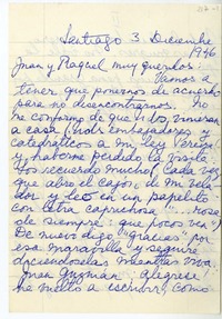 [Carta] 1946 diciembre 3, Santiago, Chile [a] Juan Guzmán Cruchaga  [manuscrito] Rosa Cruchaga.