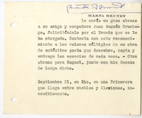 [Tarjeta] [1962] septiembre 21, Río de Janeiro, Brasil [a] Juan Guzmán Cruchaga  [manuscrito] Marta Brunet.