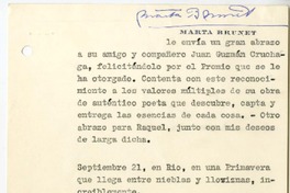 [Tarjeta] [1962] septiembre 21, Río de Janeiro, Brasil [a] Juan Guzmán Cruchaga  [manuscrito] Marta Brunet.