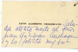 [Tarjeta] 1962 agosto, Santiago, Chile [a] Juan Guzmán Cruchaga  [manuscrito] Luis Alberto Heiremans.