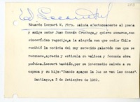 [Tarjeta] 1962 septiembre 3, Santiago, Chile [a] Juan Guzmán Cruchaga  [manuscrito] Eduardo Lecourt.