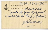[Tarjeta] 1978 marzo 27, Antofagasta, Chile [a] Juan Guzmán Cruchaga  [manuscrito] Andrés Sabella.