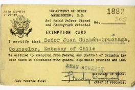 [Pase diplomático] 1949 julio 7, Washington [a] Juan Guzmán Cruchaga  [manuscrito]