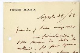[Tarjeta] 1962 agosto 28, Santiago, Chile [a] Juan Guzmán Cruchaga  [manuscrito] José Maza.