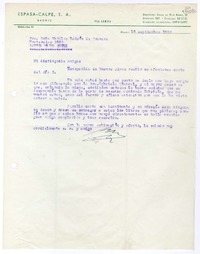 [Carta] 1952 septiembre 18, Madrid, [España] [a la] Sra. Doña Matilde Ladrón de Guevara, Hortensias 2862, Santiago de Chile  [manuscrito] Espasa-Calpe Madrid.