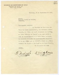 [Carta] 1951 septiembre 26, Santiago, [Chile] [a] Matilde Ladrón de Guevara  [manuscrito] Carlos Préndez Saldías, Presidente ; Benjamín Morgado, Secretario.