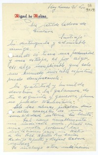 [Carta] [1954] noviembre 21 [a] Matilde Ladrón de Guevara, Santiago  [manuscrito] Miguel de Molina.