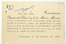 [Tarjeta] 1956 octubre 16, Valparaíso [a] Matilde Ladrón de Guevara  [manuscrito] Kaare Olsen Nielsen.