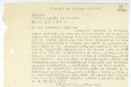 [Carta] 1957 febrero 3, Olmué, Chile [a] Matilde Ladrón de Guevara, Santiago  [manuscrito] Miguel Espinoza Miguens.