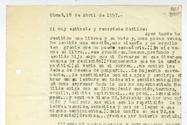 [Carta] 1957 abril 18, Olmué [a] Mi muy estimada y recordada Matilde  [manuscrito] Miguel Espinoza Miguens.