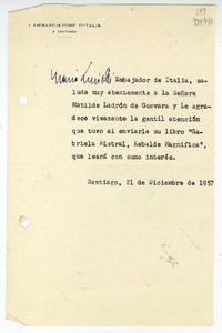 [Carta] 1957 diciembre 21, Santiago [a] Matilde Ladrón de Guevara  [manuscrito] Mario Luciolli.