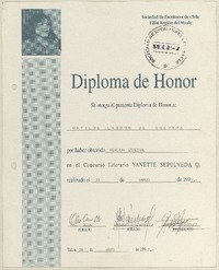 [Diploma] 1997 marzo 31, Talca [a] Matilde Ladrón de Guevara  [manuscrito] Sociedad de Escritores de Chile. Filial Región del Maule.