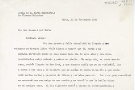 [Cartas]1930 noviembre 23 y 1931 junio 5, París, Francia [a] Rosamel del Valle  [manuscrito] Vicente Huidobro ; transcripción de Oreste Plath.