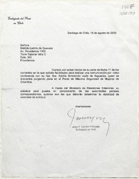 [Carta] 2000 agosto 18, Santiago, Chile [a] Matilde Ladrón de Guevara  [manuscrito] Jorge A. Colunga Villacorta.